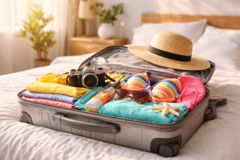 valise-vetements-maillot-appareil-photo-chapeau