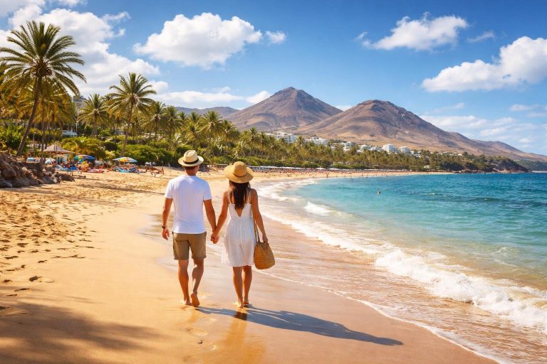 plage-canaries-couple-montagnes-ensoleille