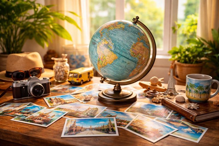 globe-table-cartes-souvenirs-plantes