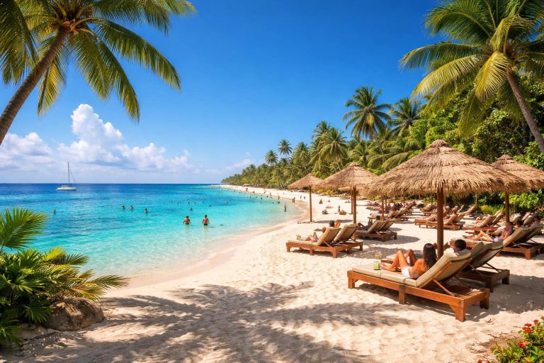 plage-exotique-eaux-claires-palmiers-transats