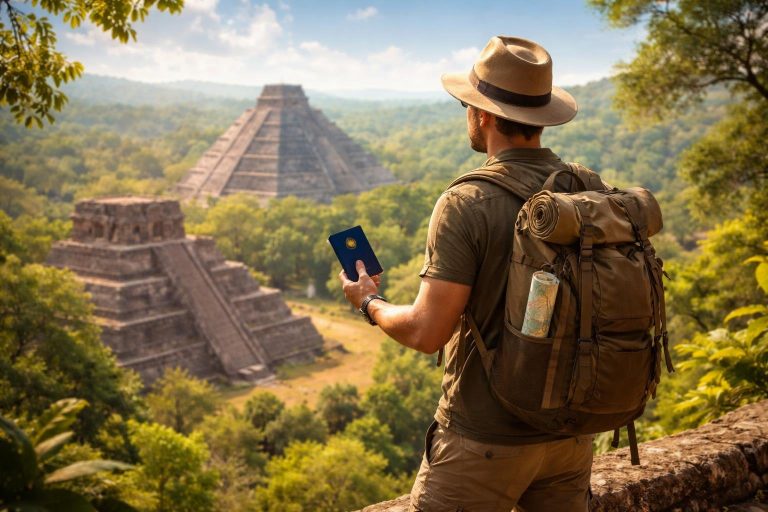 voyageur-pyramides-mexicaines-ciel-ensoleille