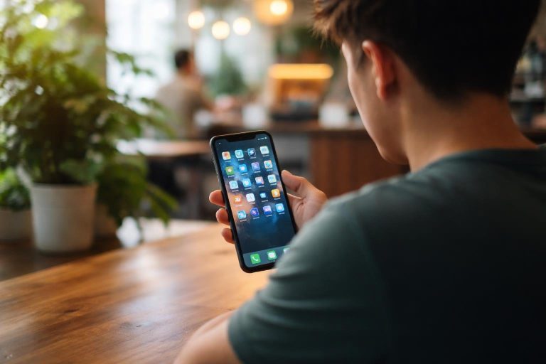 smartphone-table-bois-homme-cafe-plantes